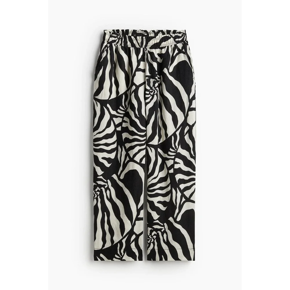 HM Premium Selection Natural Linen Wide Leg Pants Black White Swirl Shell M